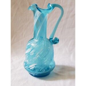 Hand Blown Art Glass Pitcher Vase Blue White Spatter Streaks Handle Ruffle 6"